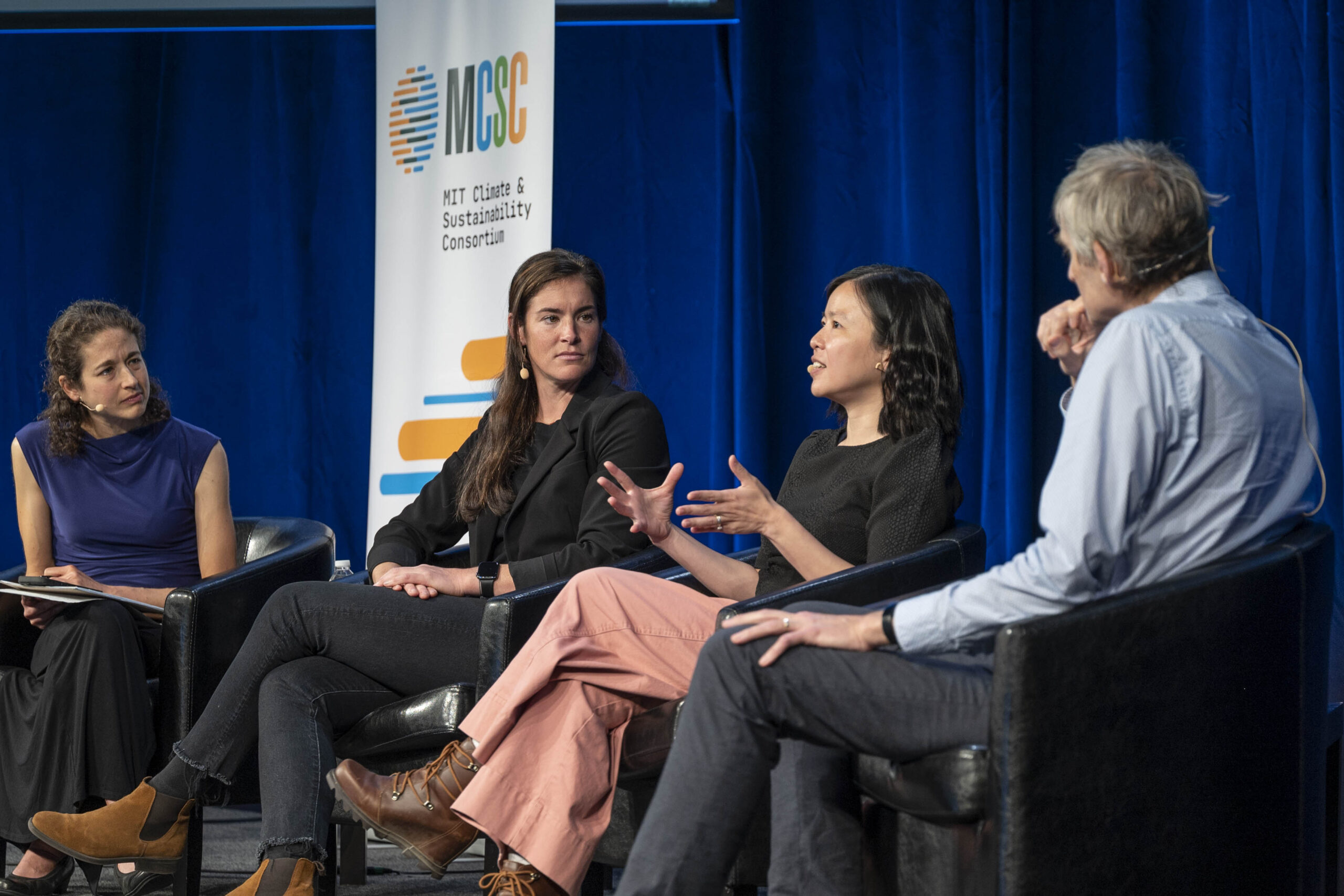 (L-R) Co-Director of the MCSC Elsa Olivetti leads discussion with Susannah Calvin, Carole Jean-Wu, and Jesús del Alamo on the climate implications of computing and communications. Photo by Christopher Harting.