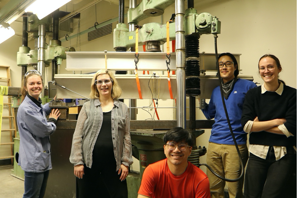 Professor Caitlin Mueller (second from left) and her team, working on concrete reuse. Photo courtesy of the Mueller Group.