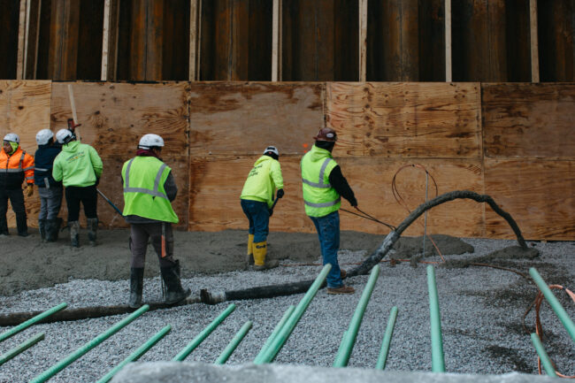 Photo Credit: Mikhail Glabets. A commercial slab is poured using concrete made with Sublime Cement.