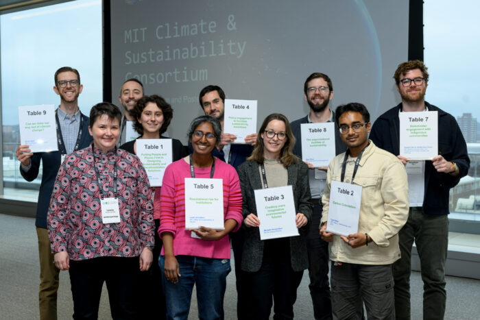 Table leaders for the round session were Iselle Barrios, MCSC Climate Scholar; Tarek Meah, MIT History Anthropology, Science, Technology, and Society (HASTS); MCSC Impact Fellows Michelle Westerlaken and Laurent Lioté; Leela Velautham, MCSC; Chris Rabe, MIT Environmental Solutions Initiative (ESI); Stephen Hart and Janelle Knox-Hayes, MIT Resilient Communities Lab; Eppa Rixey, MIT Sloan School of Management; and Scott Odell, MIT ESI; moderated by Laura Frye-Levine, MIT Department of Anthropology.