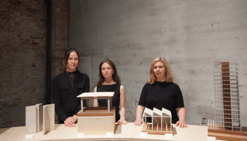 Inge Donovan, Jenna Schnitzler, and Professor Caitlin Mueller at the 2025 Biennale. Photo by Future Assemblies.